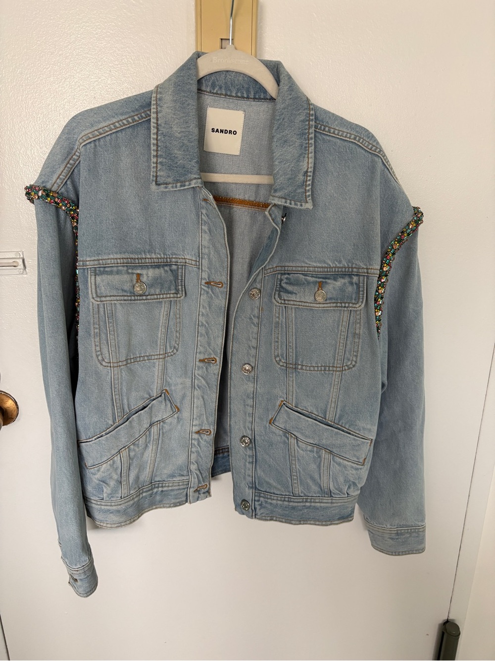 Sandro Light Blue Denim Jacket with Multicolor Beaded Sleeve Trim